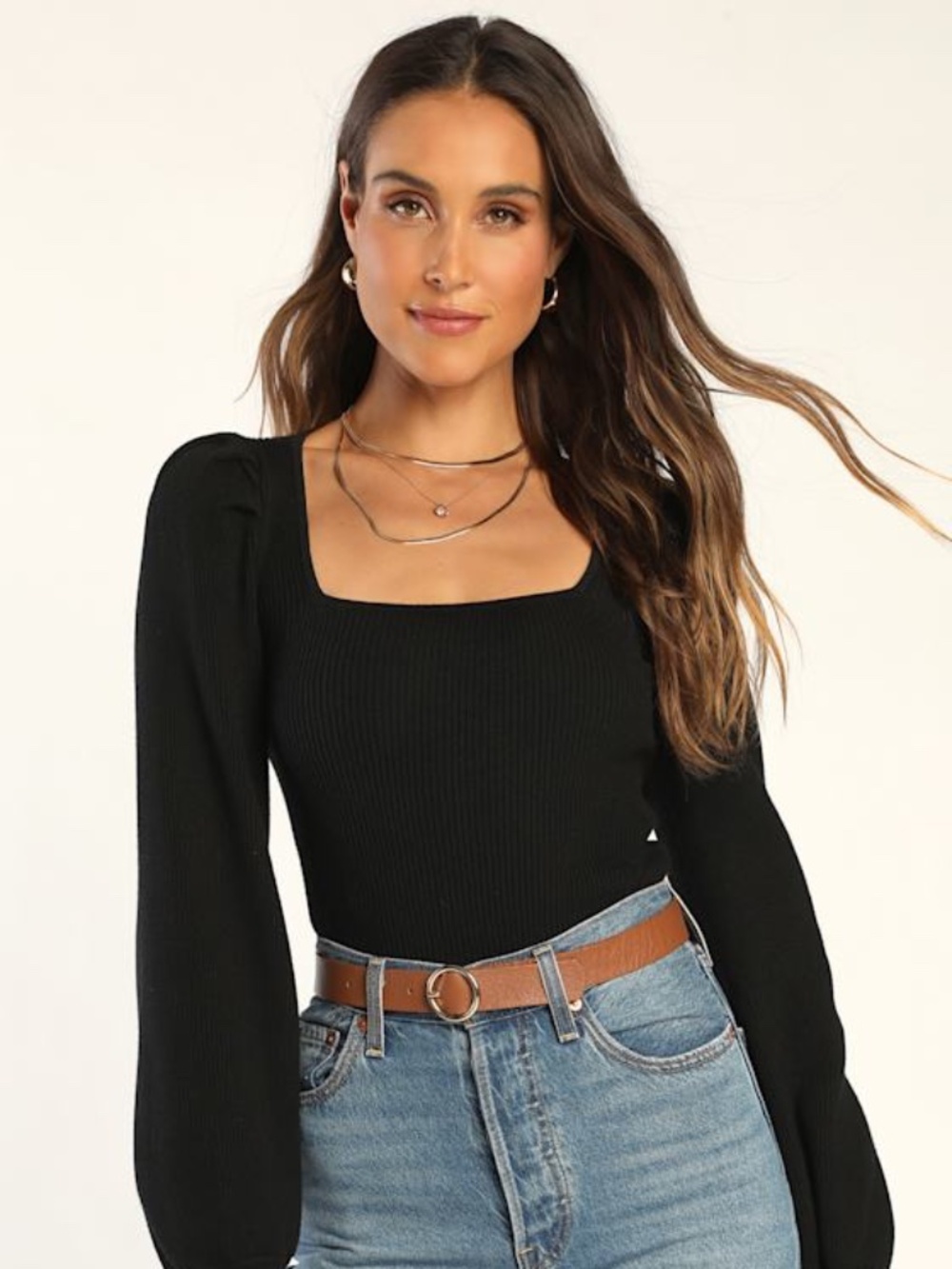 Lulus Trendy Classic Black Ribbed Knit Balloon Sleeve Top - Size L